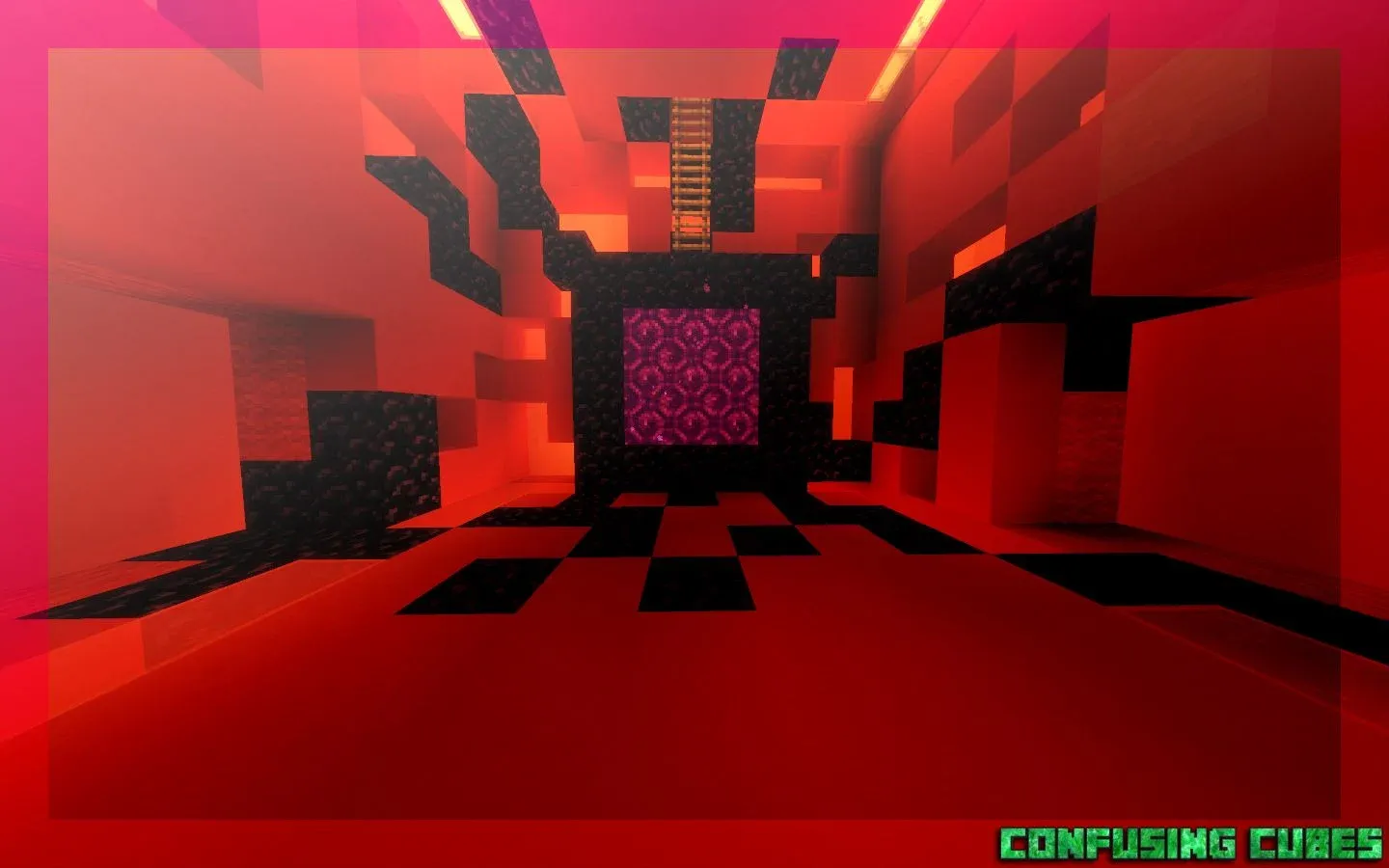 A screenshot from one of the map levels. A nether portal inside of a red cube.