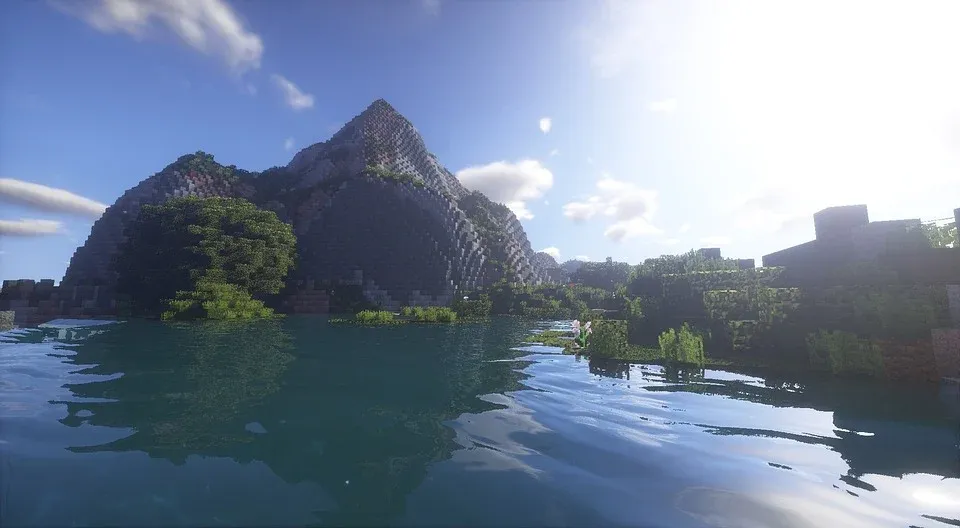 A screenshot of a normal Minecraft world using the OptiFine mod and Shaders, showing reflections on the water, better sun, and more