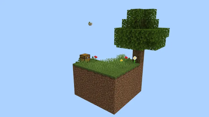 A view of the starting island, which is just a few blocks of dirt wide and long with a tree and a chest