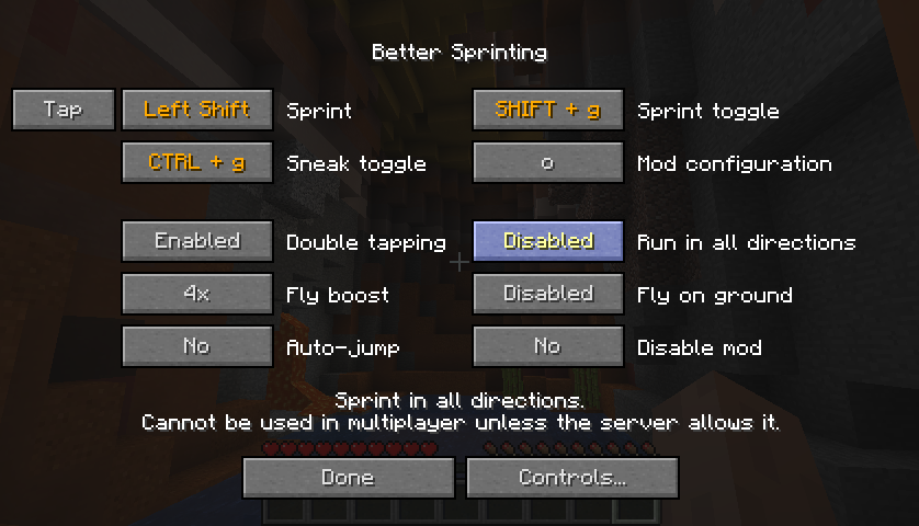A screenshot showing the in-game mod menu for the mod