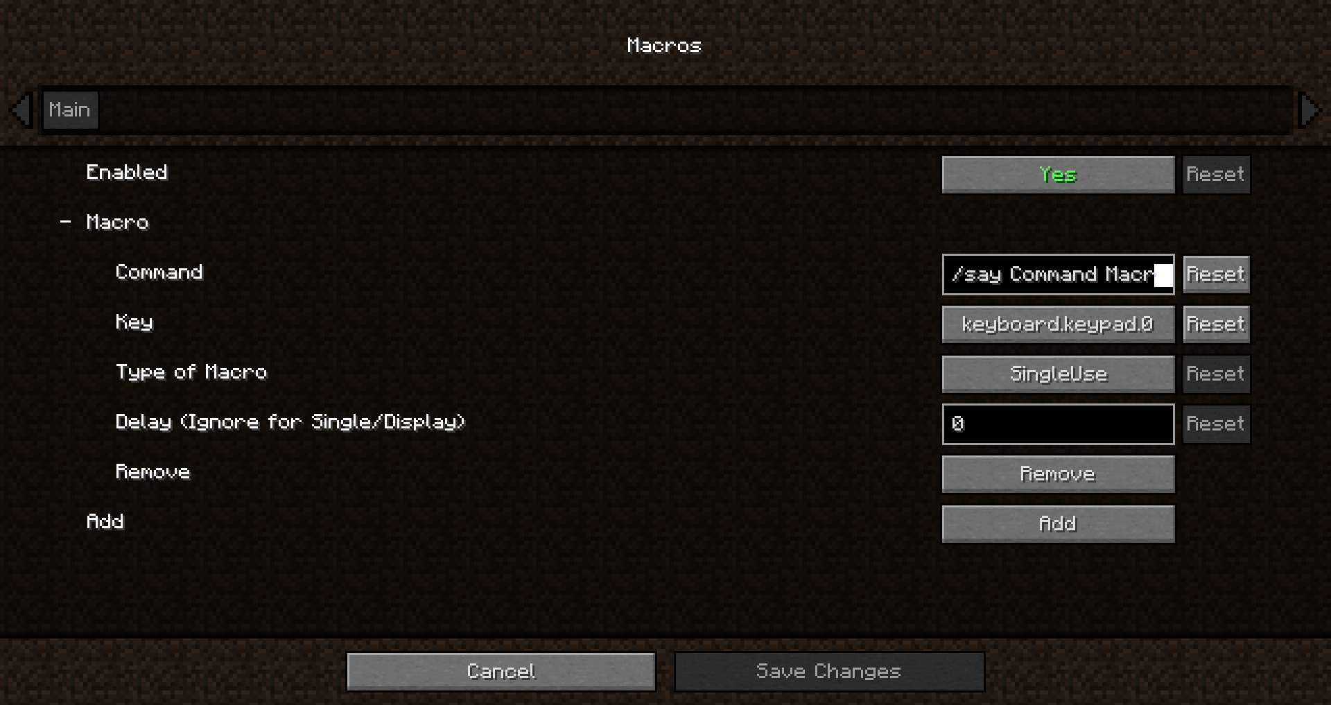 A screenshot showing the mod's in game macro/hotkey setup menu