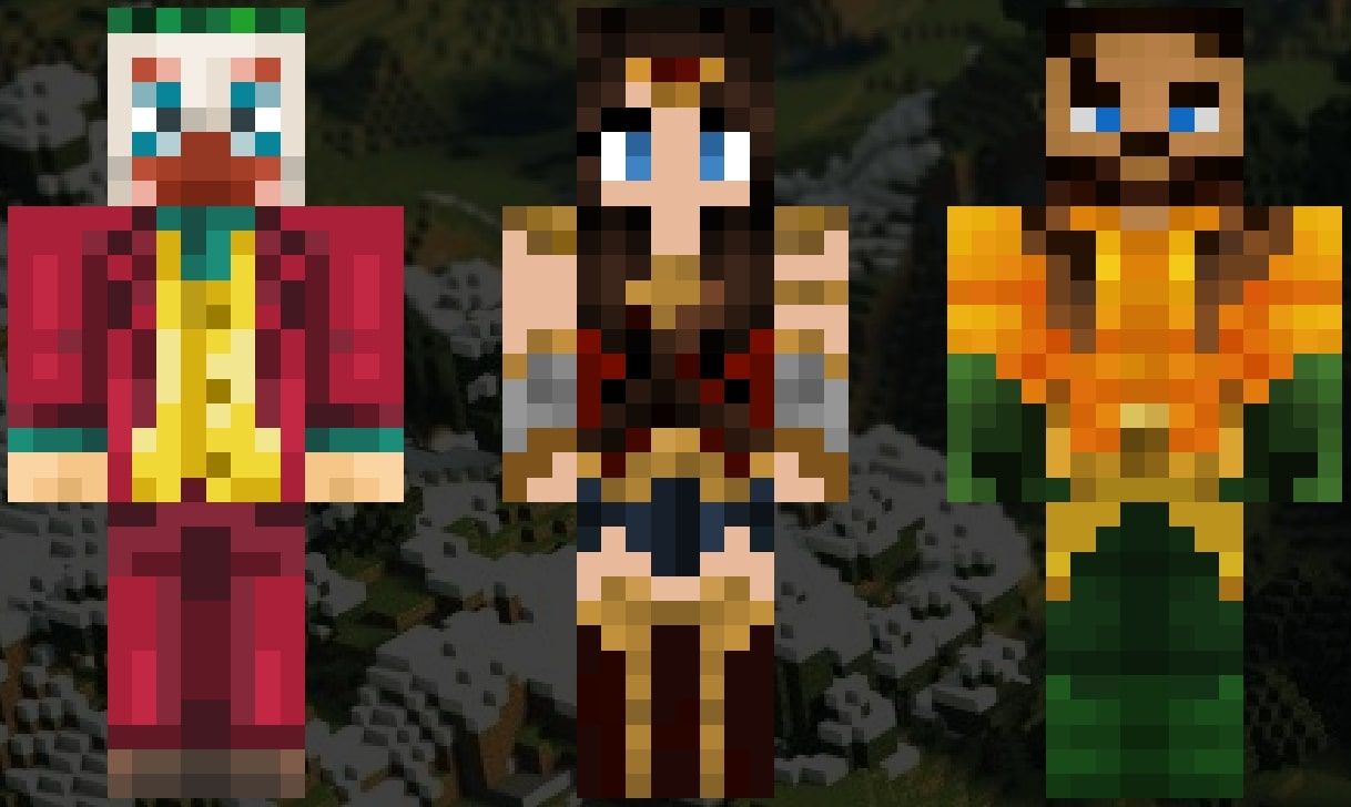 An image showing the Minecraft skins of The Joker, Wonder Woman, and Aquaman