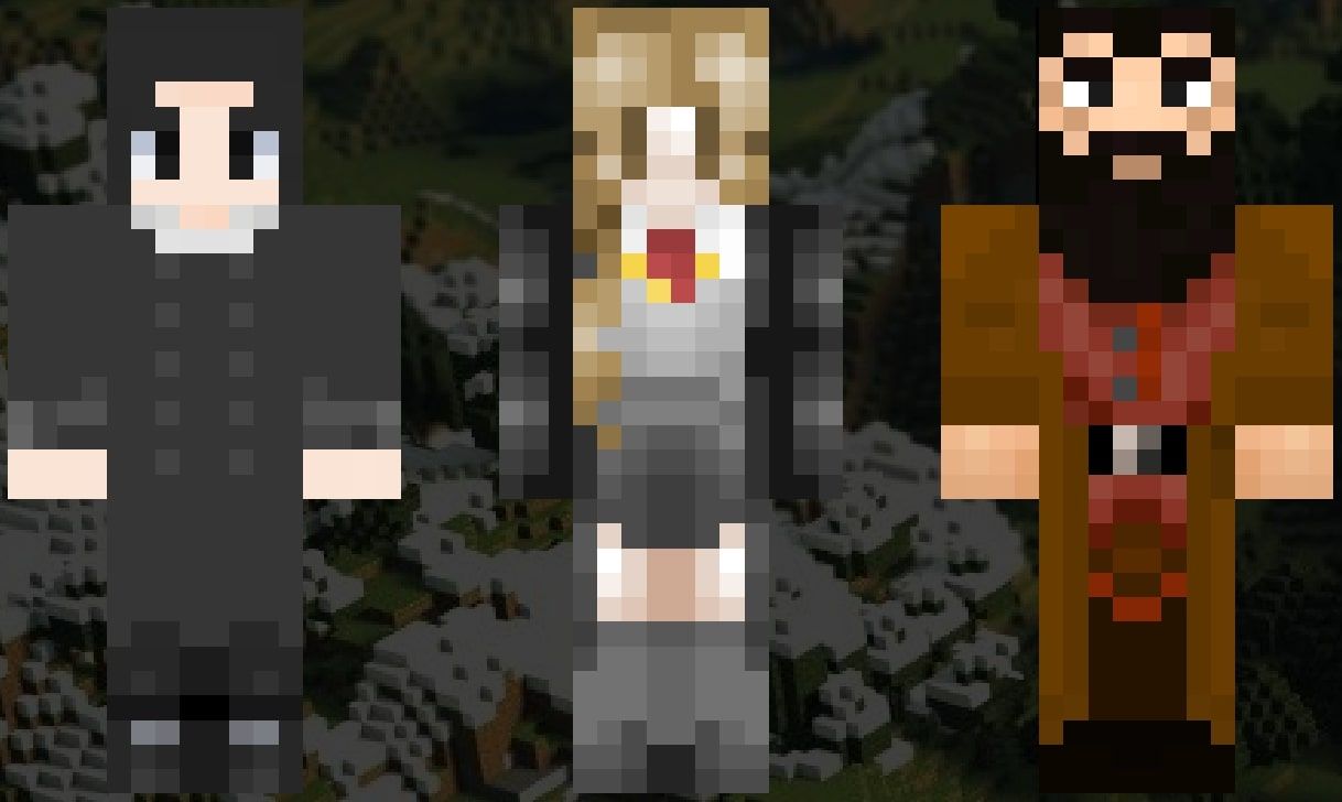 An image showing the Minecraft skins of Snape, Hermione Granger, and Hagrid