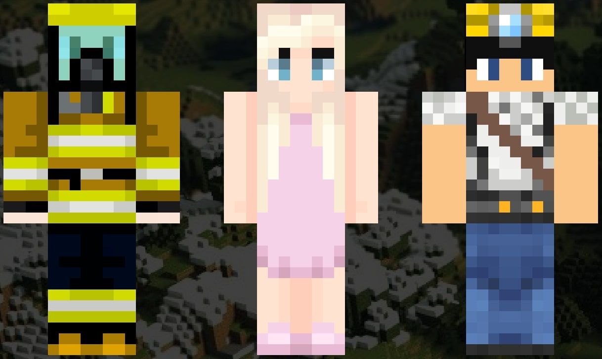 An image showing the Minecraft skins of firefighter, a ballerina, and a miner