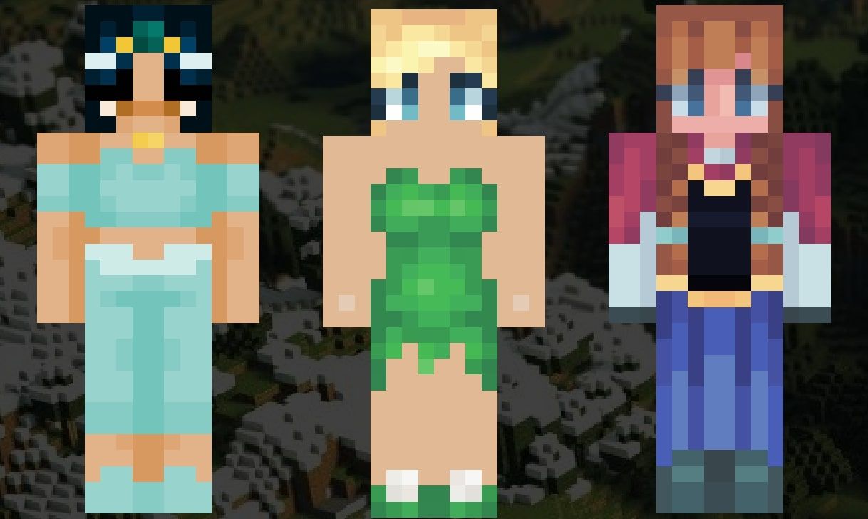 An image showing the Minecraft skins of Jasmine, Tinkerbell, and Anna