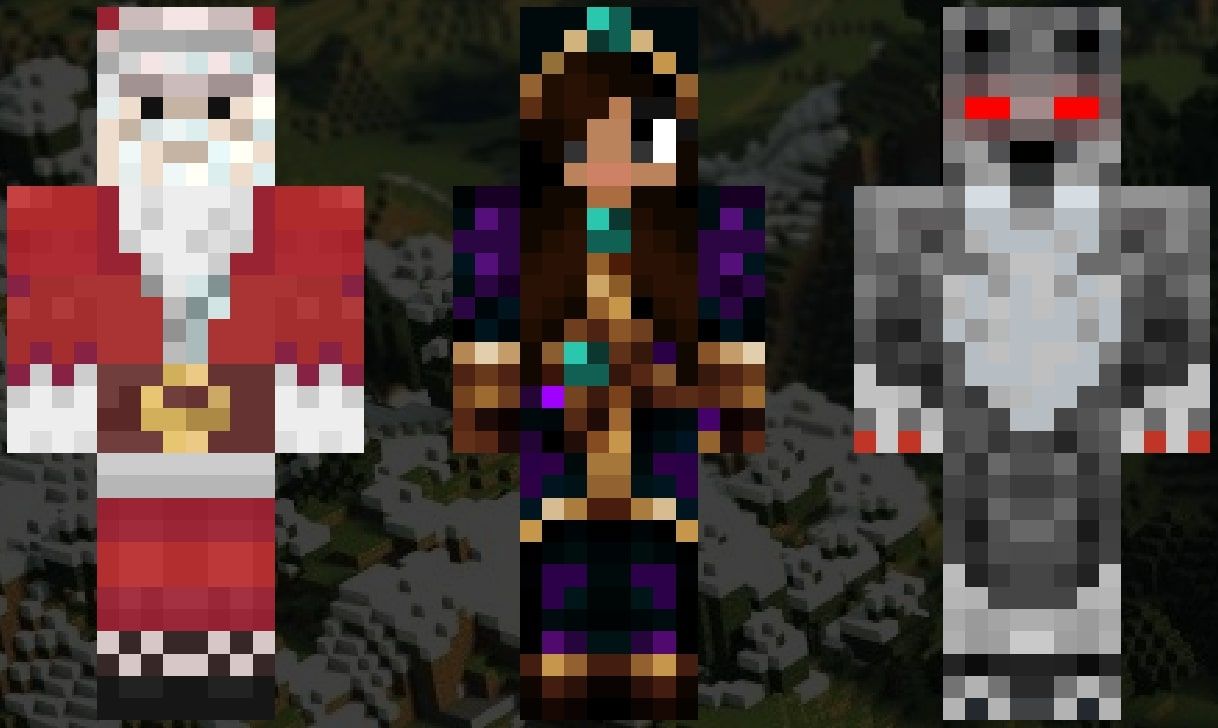 An image showing the Minecraft skins of Santa Claus, a witch, and a werewolf