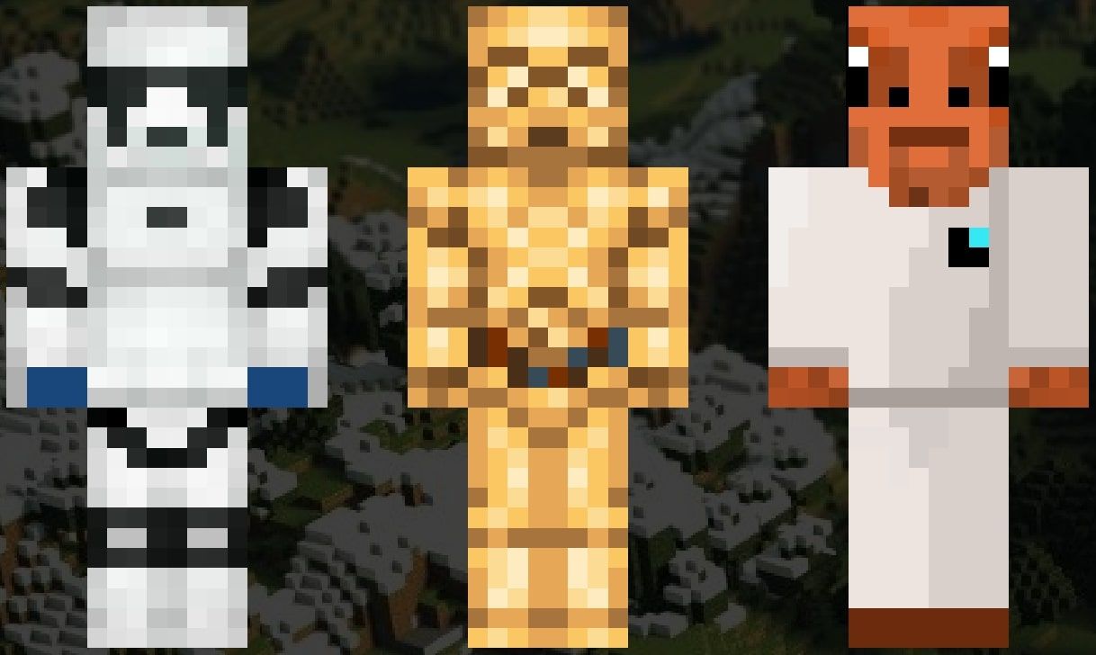 An image showing the Minecraft skins of a Stormtrooper, C-3PO, and Admiral Ackbar