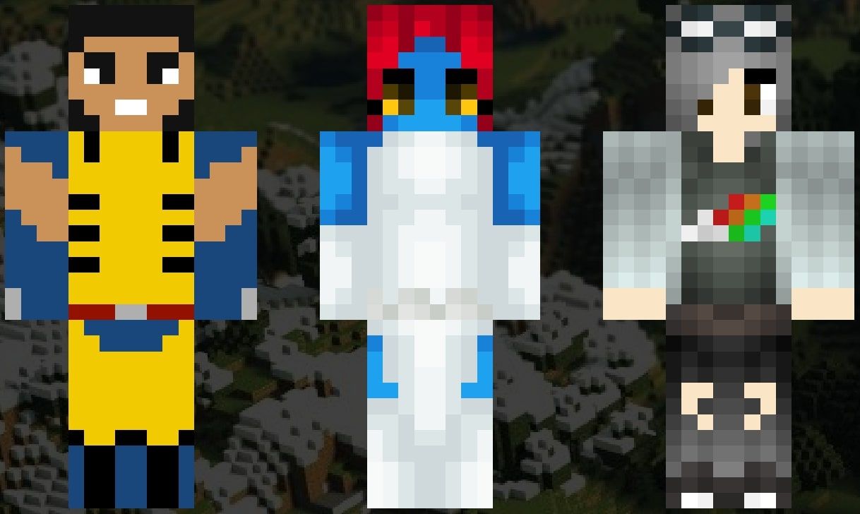 An image showing the Minecraft skins of Wolverine, Mystique, and Quicksilver