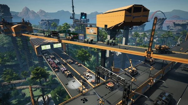 Satisfactory gameplay showning roads, cars & factories.