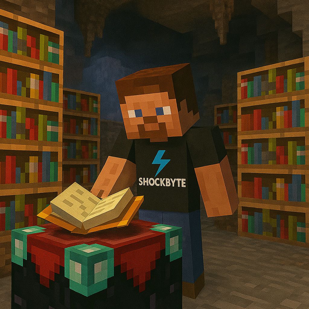 Enchantment table surrounded by bookshelves