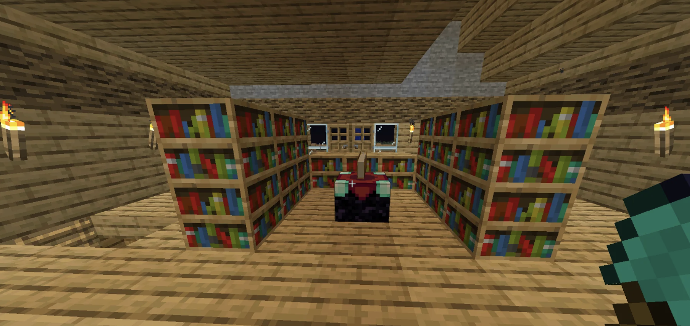Max level enchantment table surrounded by bookshelves