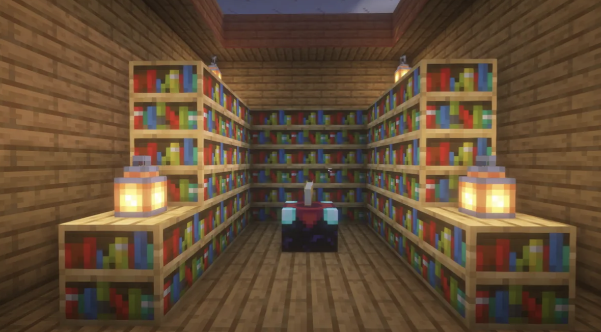 Level 30 enchantment table set up surrounded by bookshelves